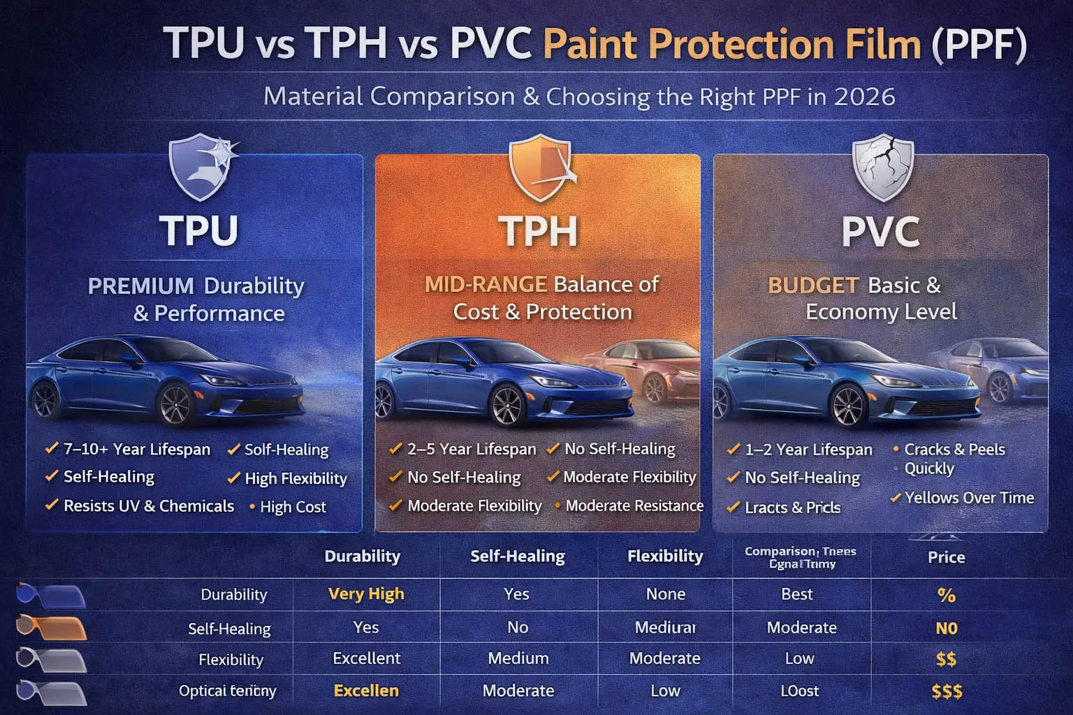 TPU против TPH против защитной плёнки для ПВХ (PPF): Сравнение материалов и как выбрать 2026